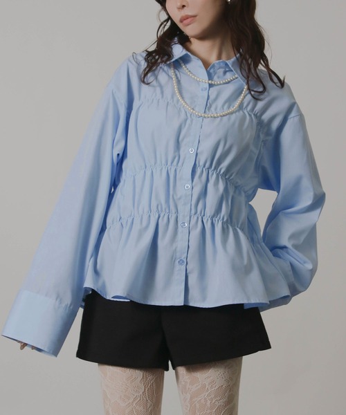 Social GIRL(ソーシャルガール)の「ウエストシャーリングブラウス ペプラムブラウス シャツブラウス 長袖(シャツ/ブラウス・レディース・ネイビー/オフホワイト/サックスブルー/ベージュ/チャコール・M)」の1枚目の写真