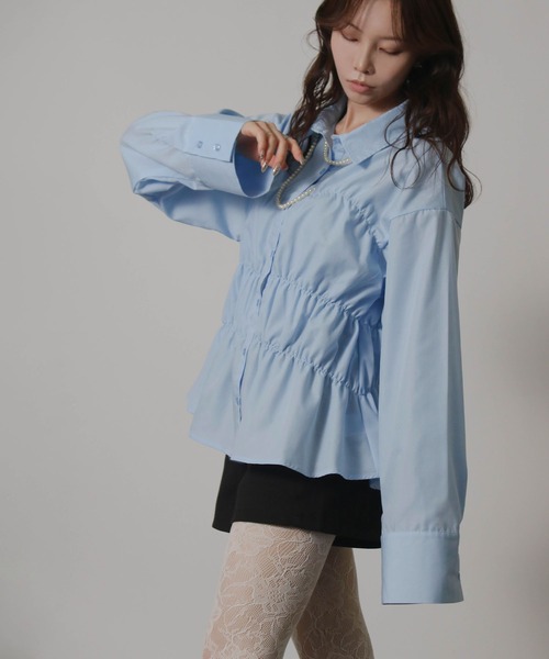 Social GIRL(ソーシャルガール)の「ウエストシャーリングブラウス ペプラムブラウス シャツブラウス 長袖(シャツ/ブラウス・レディース・ネイビー/オフホワイト/サックスブルー/ベージュ/チャコール・M)」の13枚目の写真