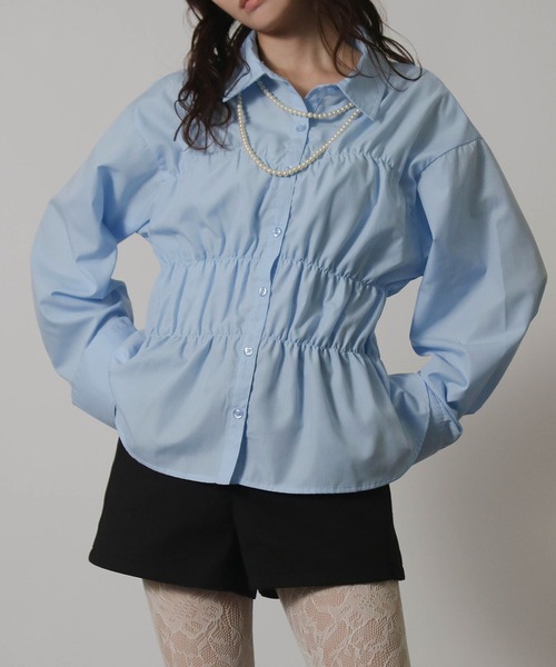 Social GIRL(ソーシャルガール)の「ウエストシャーリングブラウス ペプラムブラウス シャツブラウス 長袖(シャツ/ブラウス・レディース・ネイビー/オフホワイト/サックスブルー/ベージュ/チャコール・M)」の14枚目の写真