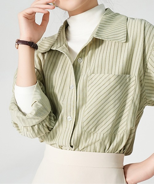 AMAJI(アマジ)の「ストライプシャツ(シャツ/ブラウス・レディース・ブルー/グレー/イエロー/グリーン・LARGE/MEDIUM/SMALL/X-LARGE)」の2枚目の写真