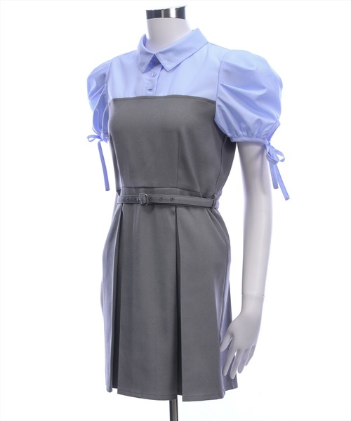 clear（クリア）の「レイヤードシャツベルト付きミニワンピース［骨格ウェーブ/華奢見え/ドッキングデザイン/フェミニン］（ワンピース・レディース・ベージュ/グレー・F）」の18枚目の写真