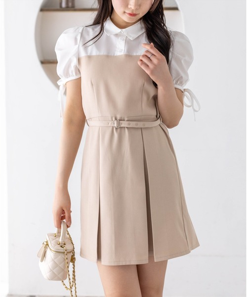clear（クリア）の「レイヤードシャツベルト付きミニワンピース［骨格ウェーブ/華奢見え/ドッキングデザイン/フェミニン］（ワンピース・レディース・ベージュ/グレー・F）」の5枚目の写真