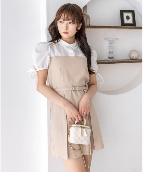 clear（クリア）の「レイヤードシャツベルト付きミニワンピース［骨格ウェーブ/華奢見え/ドッキングデザイン/フェミニン］（ワンピース・レディース・ベージュ/グレー・F）」の3枚目の写真