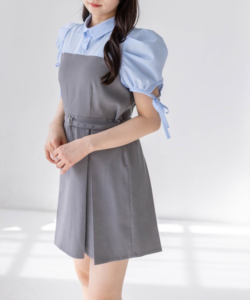 clear（クリア）の「レイヤードシャツベルト付きミニワンピース［骨格ウェーブ/華奢見え/ドッキングデザイン/フェミニン］（ワンピース・レディース・ベージュ/グレー・F）」の13枚目の写真