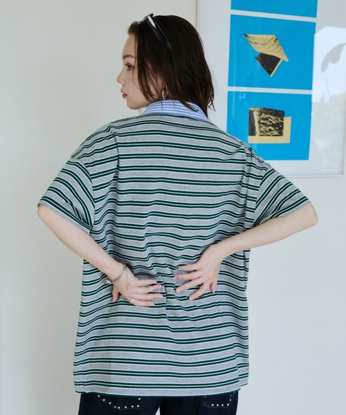 JUST A NOON(ジャストアヌーン)の「ストライプ襟ドッキングTシャツ(ポロシャツ・レディース・グレー/ネイビー・FREE)」の15枚目の写真