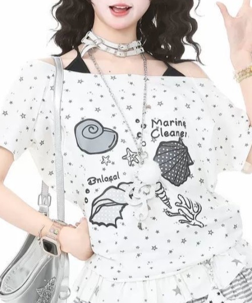 Sibra（シブラ）の「シェルプリント星柄オフショル風ルーズTシャツ（Tシャツ/カットソー・レディース・ホワイト/グレー・M）」の4枚目の写真