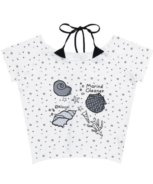 Sibra（シブラ）の「シェルプリント星柄オフショル風ルーズTシャツ（Tシャツ/カットソー・レディース・ホワイト/グレー・M）」の7枚目の写真