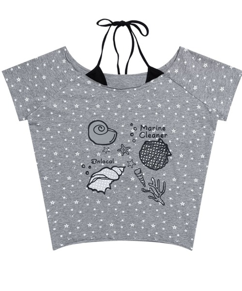 Sibra（シブラ）の「シェルプリント星柄オフショル風ルーズTシャツ（Tシャツ/カットソー・レディース・ホワイト/グレー・M）」の5枚目の写真