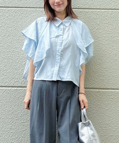 libelle more(リベル モア)の「アシンメトリーフリル楊柳シャツブラウス クロップド丈(シャツ/ブラウス・レディース・ラベンダー/イエロー/ブラック/サックスブルー/オフホワイト・L/M)」の3枚目の写真