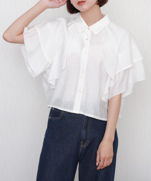 libelle more(リベル モア)の「アシンメトリーフリル楊柳シャツブラウス クロップド丈(シャツ/ブラウス・レディース・ラベンダー/イエロー/ブラック/サックスブルー/オフホワイト・L/M)」の6枚目の写真