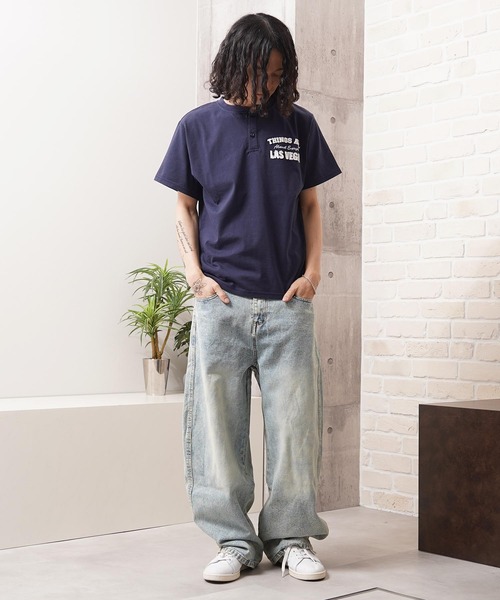 1111clothing（ワンフォークロージング）の「フロッキー刺繍 ヘンリーネック Tee / Flocky Embroidery Henley Neck Tee（Tシャツ/カットソー・メンズ・ネイビー/オフホワイト/チャコールグレー・M/L）」の20枚目の写真