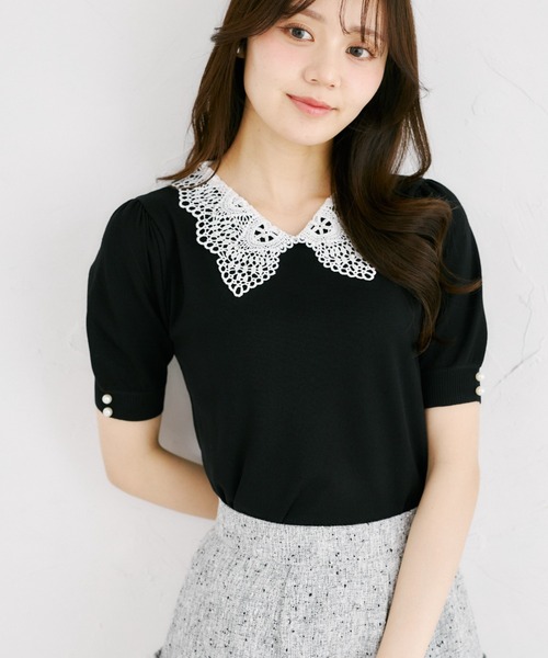 tocco closet(トッコ クローゼット)の「【ZOZO限定】接触冷感ビジュー×パールレース襟サマーニットトップス(ニット/セーター・レディース・ネイビー/ラベンダー/ブラック/オフホワイト・M)」の3枚目の写真