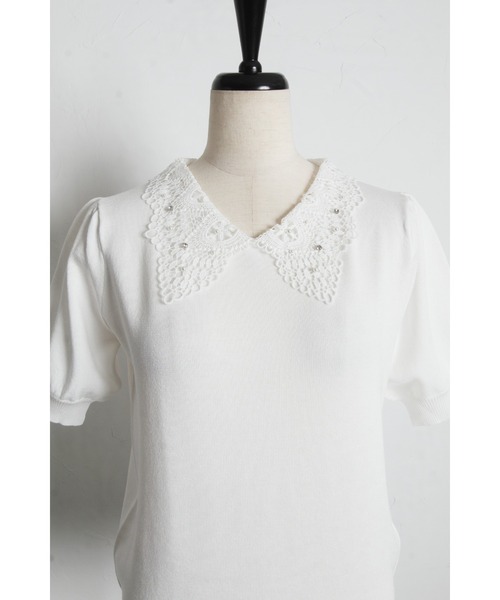 tocco closet(トッコ クローゼット)の「【ZOZO限定】接触冷感ビジュー×パールレース襟サマーニットトップス(ニット/セーター・レディース・ネイビー/ラベンダー/ブラック/オフホワイト・M)」の12枚目の写真