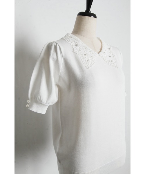 tocco closet(トッコ クローゼット)の「【ZOZO限定】接触冷感ビジュー×パールレース襟サマーニットトップス(ニット/セーター・レディース・ネイビー/ラベンダー/ブラック/オフホワイト・M)」の13枚目の写真