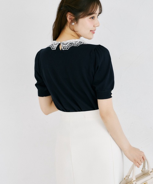 tocco closet(トッコ クローゼット)の「【ZOZO限定】接触冷感ビジュー×パールレース襟サマーニットトップス(ニット/セーター・レディース・ネイビー/ラベンダー/ブラック/オフホワイト・M)」の17枚目の写真