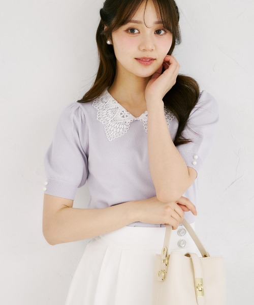 tocco closet(トッコ クローゼット)の「【ZOZO限定】接触冷感ビジュー×パールレース襟サマーニットトップス(ニット/セーター・レディース・ネイビー/ラベンダー/ブラック/オフホワイト・M)」の20枚目の写真
