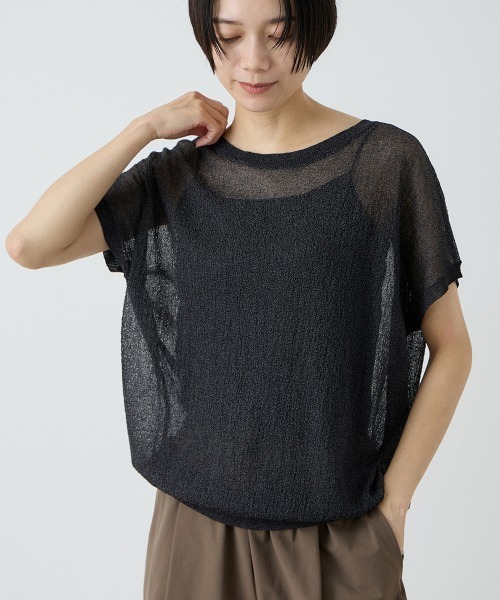 VICKY(ビッキー)の「ドロップショルダーTシャツ(ニット/セーター・レディース・ブラック/アイボリー/オレンジ・M)」の1枚目の写真