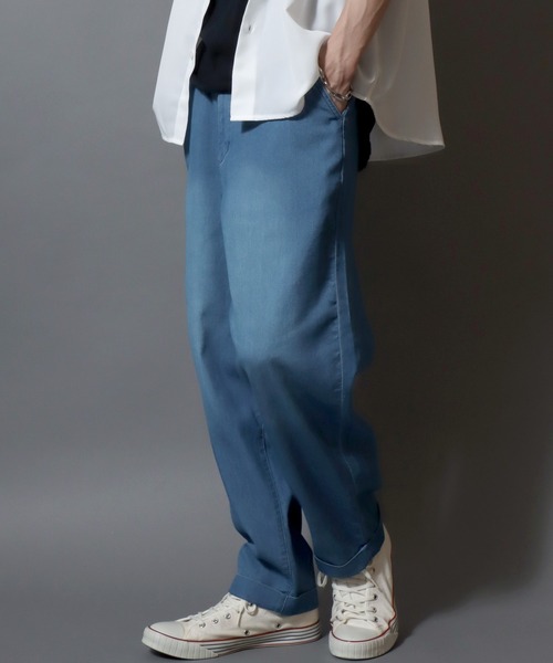 ANPAS（アンパス）の「【Toucan Surfing】 Mesh Denim Ankle Trousers /【トゥーカンサーフィン】メッシュデニム アンクルトラウザーパンツ (ベルト付き) サマーデニム テーパードイージーパンツ デニムパンツ ボトムス メンズ（デニムパンツ・メンズ・ネイビー/ブルー・L/M/S/LL）」の2枚目の写真