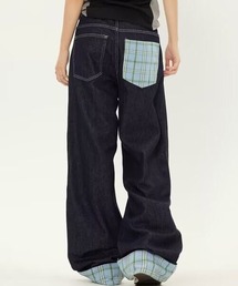 裾チェックデニムパンツ