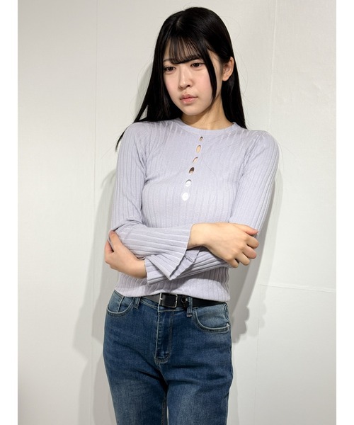 owen(オーウェン)の「フロントマルチホールデザイン リブニットタイトトップス スリムフィットカットソー(Tシャツ/カットソー・レディース・パープル/ライトブルー・ONE SIZE)」の19枚目の写真