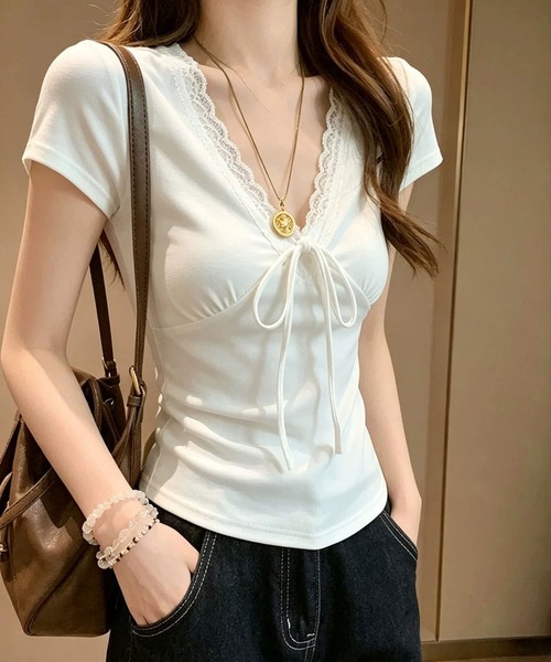 Girly Doll（ガーリードール）の「Vネックリボン付きカットソー（Tシャツ/カットソー・レディース・ブラック/ホワイト・L/M）」の5枚目の写真