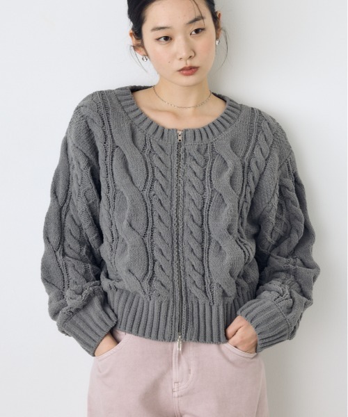 AZUL by moussy(アズールバイマウジー)の「大人気定番!【ぬくもち】ダブルジップシェニールニットカーディガン 秋服 冬服 長袖 ケーブルニット ニットトップス フルジップカーデ(カーディガン/ボレロ・レディース・ブラック/レッド/チャコールグレー/アイボリー・FREE)」の3枚目の写真