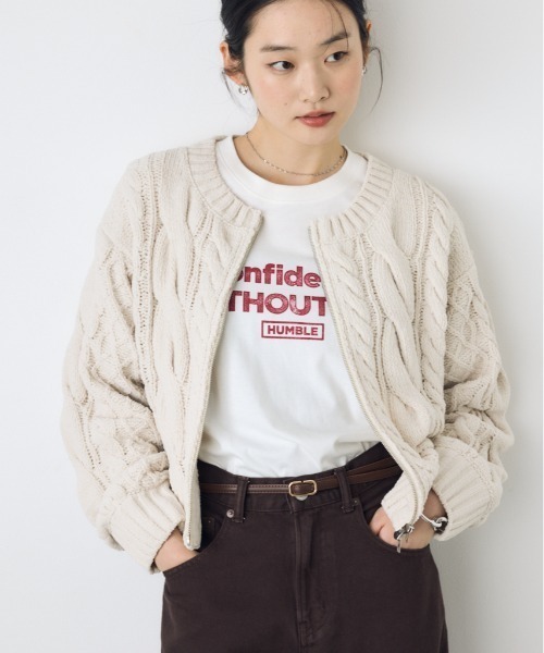 AZUL by moussy(アズールバイマウジー)の「大人気定番!【ぬくもち】ダブルジップシェニールニットカーディガン 秋服 冬服 長袖 ケーブルニット ニットトップス フルジップカーデ(カーディガン/ボレロ・レディース・ブラック/レッド/チャコールグレー/アイボリー・FREE)」の1枚目の写真