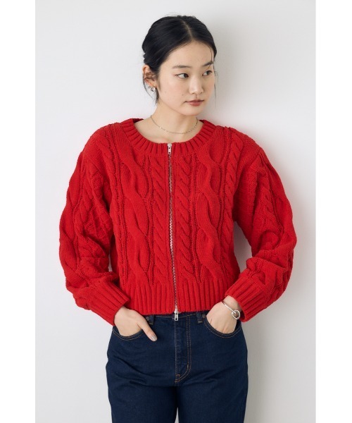 AZUL by moussy(アズールバイマウジー)の「大人気定番!【ぬくもち】ダブルジップシェニールニットカーディガン 秋服 冬服 長袖 ケーブルニット ニットトップス フルジップカーデ(カーディガン/ボレロ・レディース・ブラック/レッド/チャコールグレー/アイボリー・FREE)」の5枚目の写真