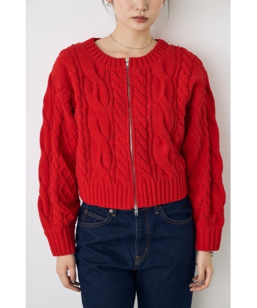 AZUL by moussy(アズールバイマウジー)の「大人気定番!【ぬくもち】ダブルジップシェニールニットカーディガン 秋服 冬服 長袖 ケーブルニット ニットトップス フルジップカーデ(カーディガン/ボレロ・レディース・ブラック/レッド/チャコールグレー/アイボリー・FREE)」の6枚目の写真