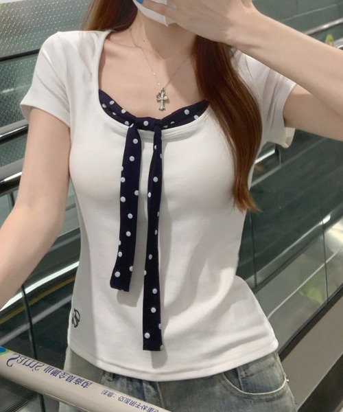 FLINEA(フリネア)の「ドット柄切り替えリボンTシャツ(Tシャツ/カットソー・レディース・ホワイト・FREE)」の1枚目の写真