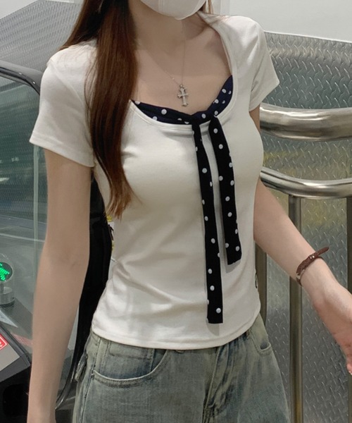 FLINEA(フリネア)の「ドット柄切り替えリボンTシャツ(Tシャツ/カットソー・レディース・ホワイト・FREE)」の10枚目の写真