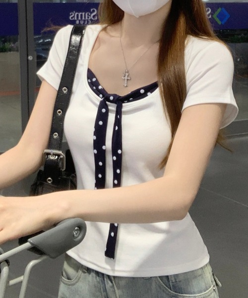 FLINEA(フリネア)の「ドット柄切り替えリボンTシャツ(Tシャツ/カットソー・レディース・ホワイト・FREE)」の12枚目の写真