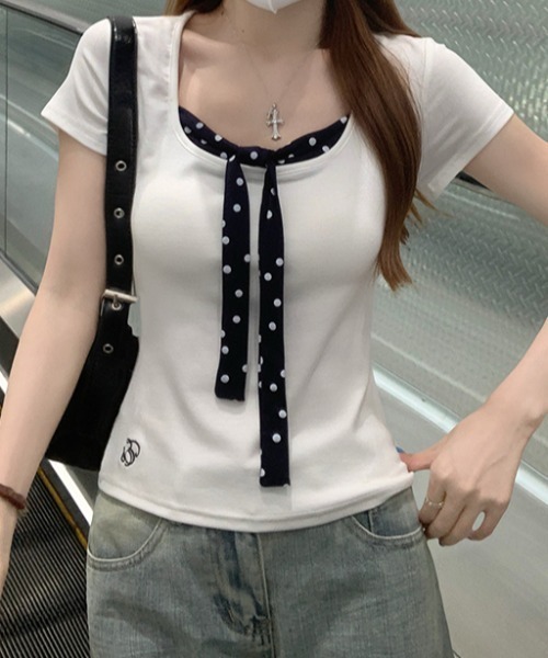 FLINEA(フリネア)の「ドット柄切り替えリボンTシャツ(Tシャツ/カットソー・レディース・ホワイト・FREE)」の2枚目の写真