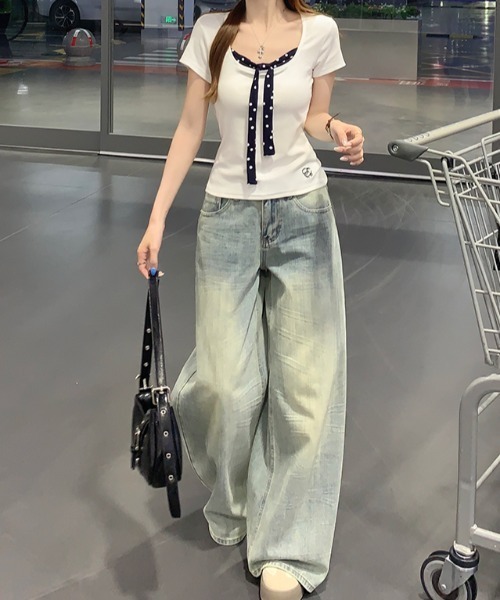 FLINEA(フリネア)の「ドット柄切り替えリボンTシャツ(Tシャツ/カットソー・レディース・ホワイト・FREE)」の8枚目の写真