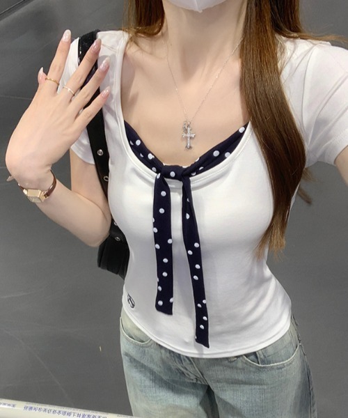 FLINEA(フリネア)の「ドット柄切り替えリボンTシャツ(Tシャツ/カットソー・レディース・ホワイト・FREE)」の5枚目の写真