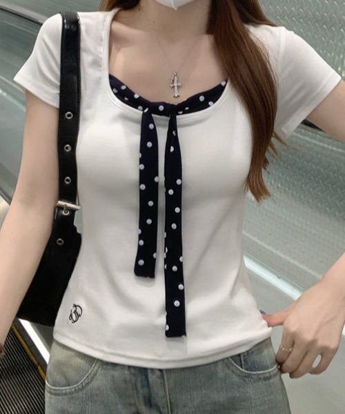 FLINEA(フリネア)の「ドット柄切り替えリボンTシャツ(Tシャツ/カットソー・レディース・ホワイト・FREE)」の6枚目の写真