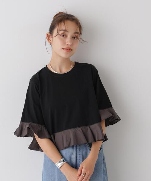 NANO universe(ナノユニバース)の「異素材フリルコンビペプラムカットトップス(Tシャツ/カットソー・レディース・ブラック/ライトベージュ/ダークベージュ・FREE)」の5枚目の写真