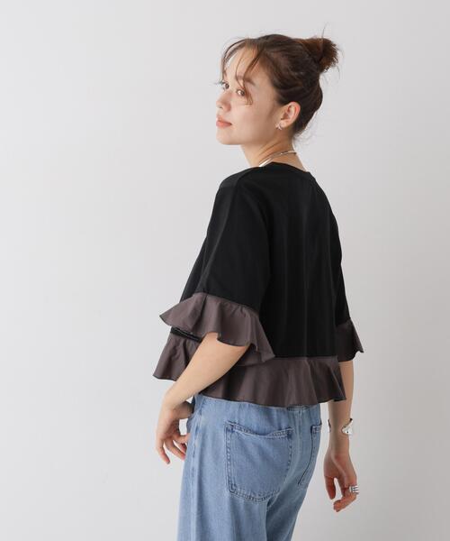 NANO universe(ナノユニバース)の「異素材フリルコンビペプラムカットトップス(Tシャツ/カットソー・レディース・ブラック/ライトベージュ/ダークベージュ・FREE)」の6枚目の写真