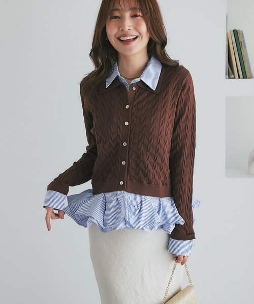 La boutique BonBon(ラブティックボンボン)の「【新色登場!・取り外し可】シャツランダムペプラムケーブルカーディガン(ニット/セーター・レディース・ネイビー/ブラウン/グレー・FREE)」の8枚目の写真