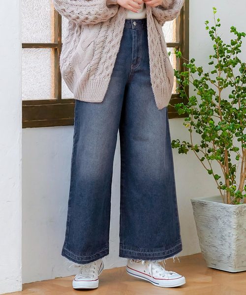 バックウエストゴムベーシックデニムワイドパンツ バックウエストゴムベーシックデニムワイドパンツ
