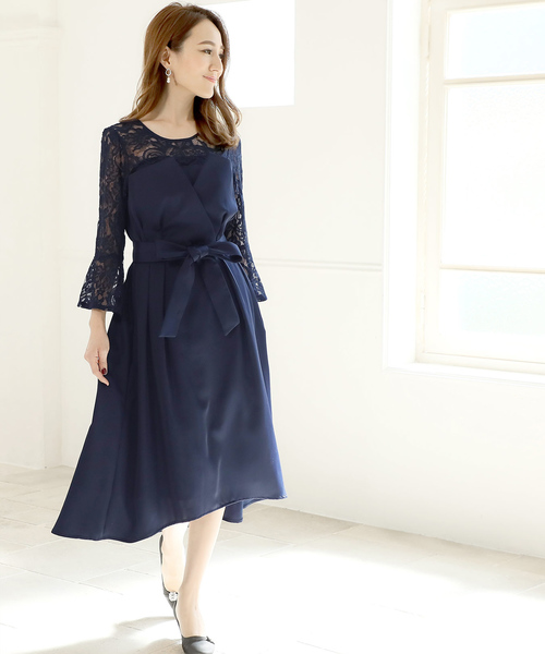 在庫大特価 レースベルスリーブテールミモレ丈の結婚式お呼ばれオケージョンフォーマル対応ワンピースドレス 激安大特価高評価