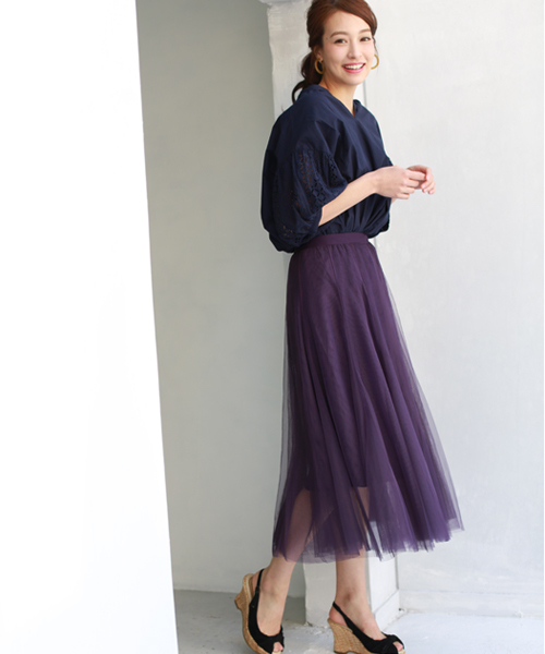 REAL CUBE（リアルキューブ）の「チュールロングスカート（スカート・レディース・ブラック/パープル/グレー/カーキ・M）」の7枚目の写真