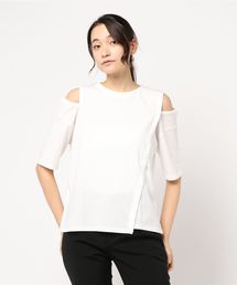 アシメレイヤード肩スリットオープンショルダーTシャツ