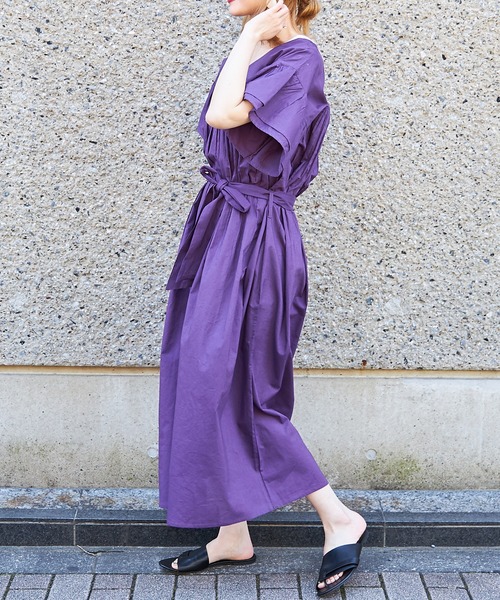 TRIANGLE PALETTE（トライアングルパレット）の「ベルト付きフレアワンピース/インド綿,インドコットン,コットン100%,綿100%（ワンピース・レディース・テラコッタ/ブラック/パープル/オフホワイト・FREE）」の4枚目の写真