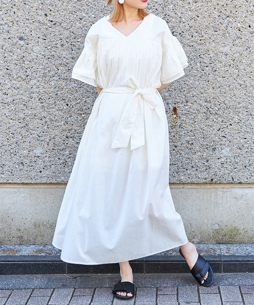 TRIANGLE PALETTE（トライアングルパレット）の「ベルト付きフレアワンピース/インド綿,インドコットン,コットン100%,綿100%（ワンピース・レディース・テラコッタ/ブラック/パープル/オフホワイト・FREE）」の8枚目の写真