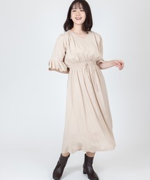 Vネックギャザーワンピース ロング丈