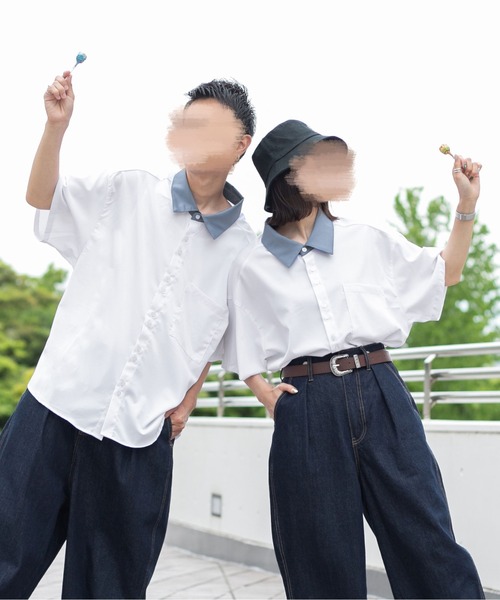 PairPair（ペアペア）の「BIGクレリック半袖シャツ（ユニセックス）（シャツ/ブラウス・レディース・オフホワイト/グレイッシュブルー/ベージュ・MEDIUM/LARGE）」の2枚目の写真