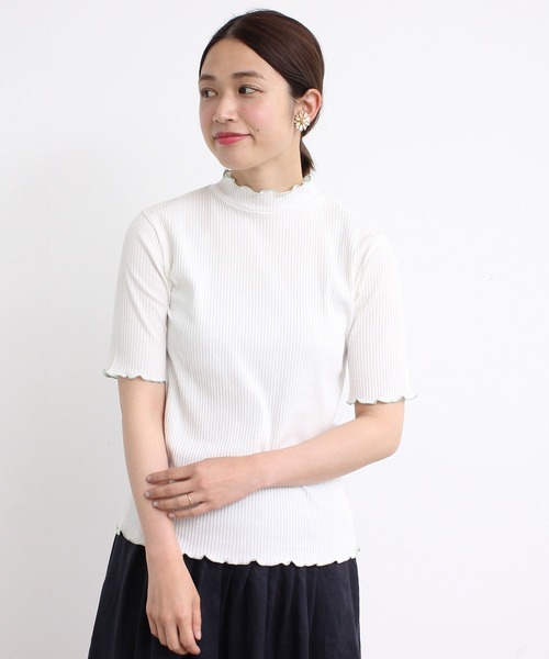 aimer le mieux（エメルミュー）の「aimer　【WEB別注】リブメロー配色ハイネック5部袖プルオーバー（Tシャツ/カットソー・レディース・ライトグリーン/ネイビー/ピンクベージュ・FREE）」の2枚目の写真