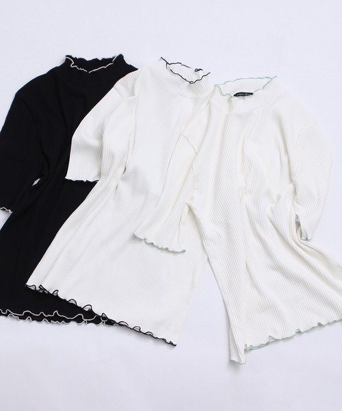 aimer le mieux（エメルミュー）の「aimer　【WEB別注】リブメロー配色ハイネック5部袖プルオーバー（Tシャツ/カットソー・レディース・ライトグリーン/ネイビー/ピンクベージュ・FREE）」の16枚目の写真