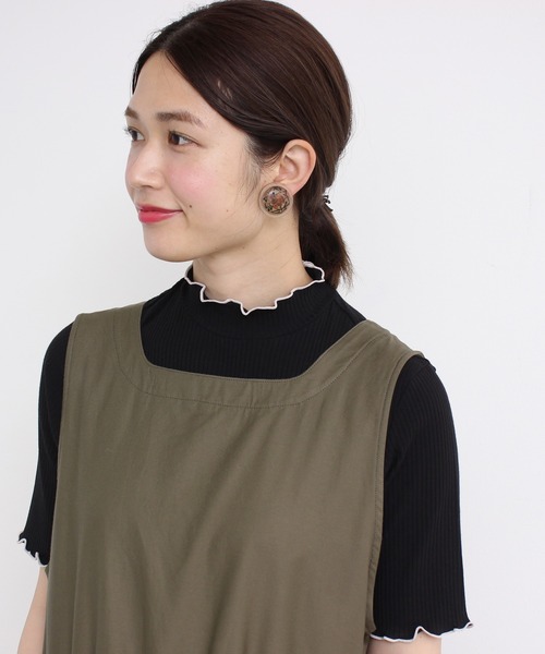 aimer le mieux（エメルミュー）の「aimer　【WEB別注】リブメロー配色ハイネック5部袖プルオーバー（Tシャツ/カットソー・レディース・ライトグリーン/ネイビー/ピンクベージュ・FREE）」の7枚目の写真